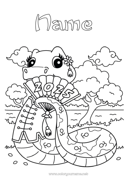 Coloring page to print Chinese New Year Snake Reptiles 2025 Fan