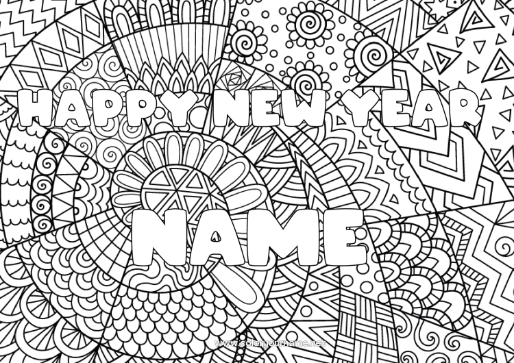 Coloring page to print Happy new year Decorated name Zentangle 