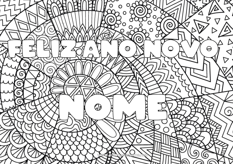 Página de desenho para imprimir Feliz Ano Novo Nome decorado Zentangle Mensagem de 