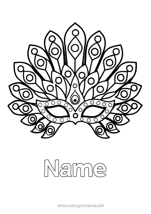 Coloring page to print Fancy dress Mask Carnival Peacock Flying birds and mammals