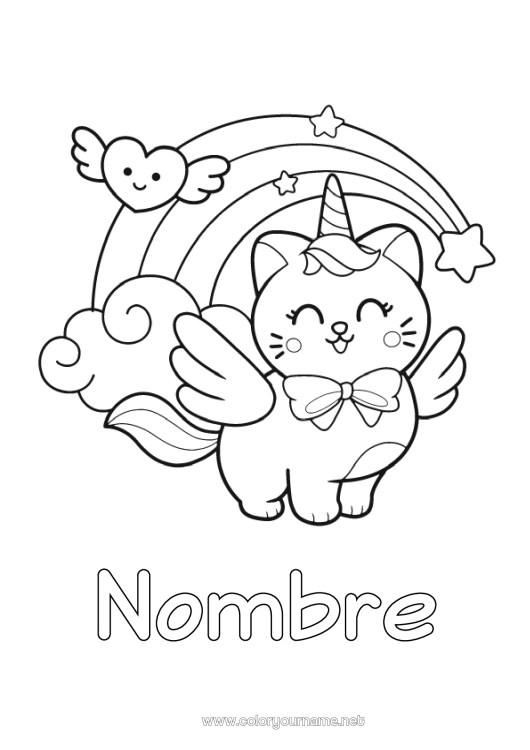 Dibujo para colorear para imprimir Cat Kawaii Unicornio Animales Arcoíris Dibujos fáciles para colorear Perros y gatos Dragones, unicornios y animales fantásticos