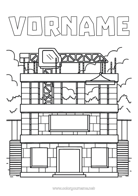 Malvorlage zum Ausdrucken Bauausrüstung Baustellenberufe Baustelle, Bau Gebäude Kran