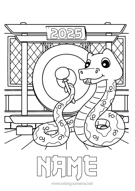 Coloring page to print Chinese New Year Snake Reptiles 2025 Gong