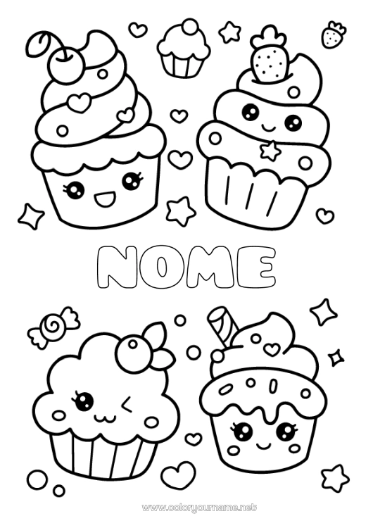 Pagina da colorare da stampare Kawaii Ciliegia Stelle Frutta Dolci, zuccherini Cupcake