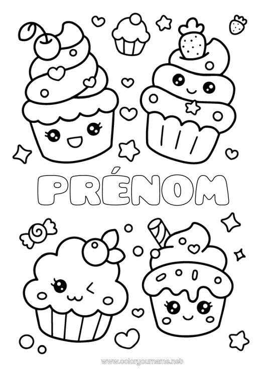 Coloriage à imprimer Kawaii Cerise Étoiles Fruits Gourmandises, sucreries Cupcake