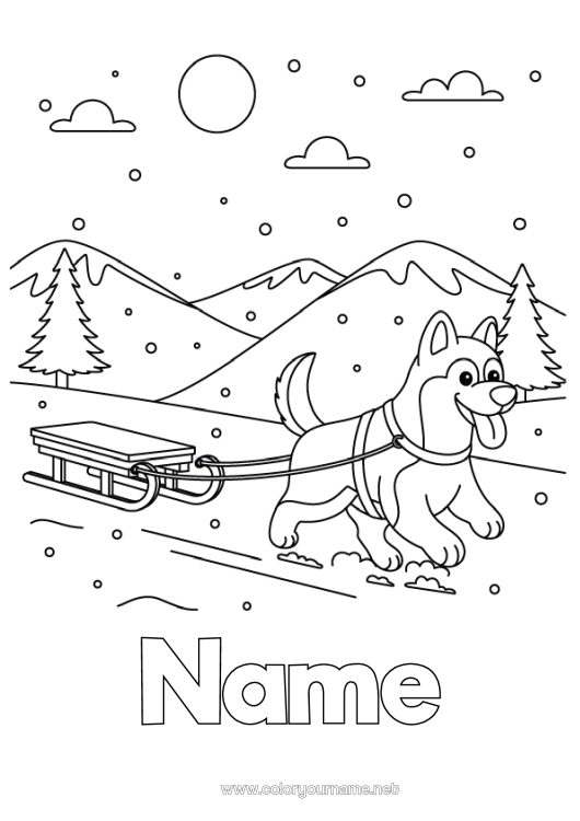 Coloring page to print Sport Snow Winter Sled Animal Dog and cat Winter Sports Husky