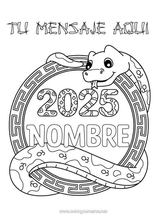 Dibujo para colorear para imprimir Año Nuevo chino Serpiente Reptiles 2025