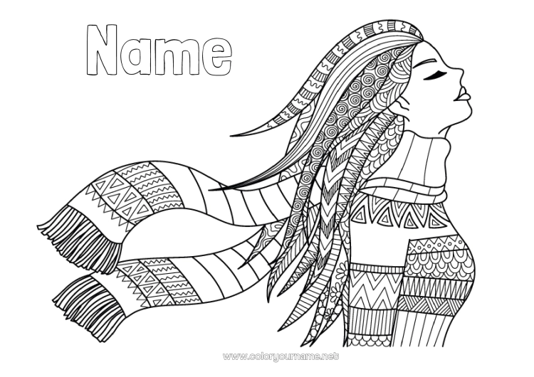 Coloring page to print Winter Girl Sister Zentangle Scarf