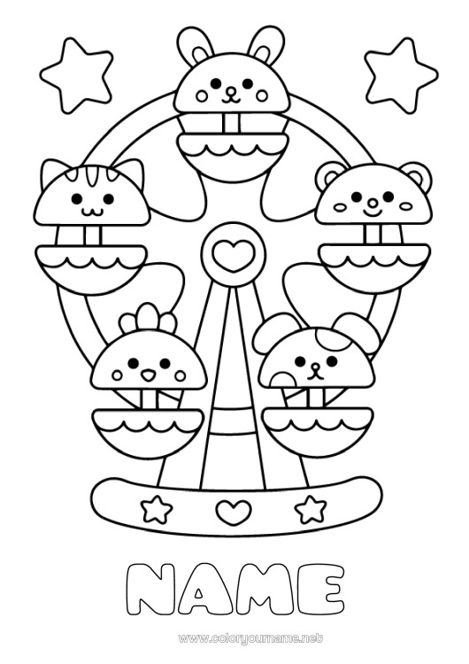 Coloring page to print Kawaii Amusement park Ferris Wheel