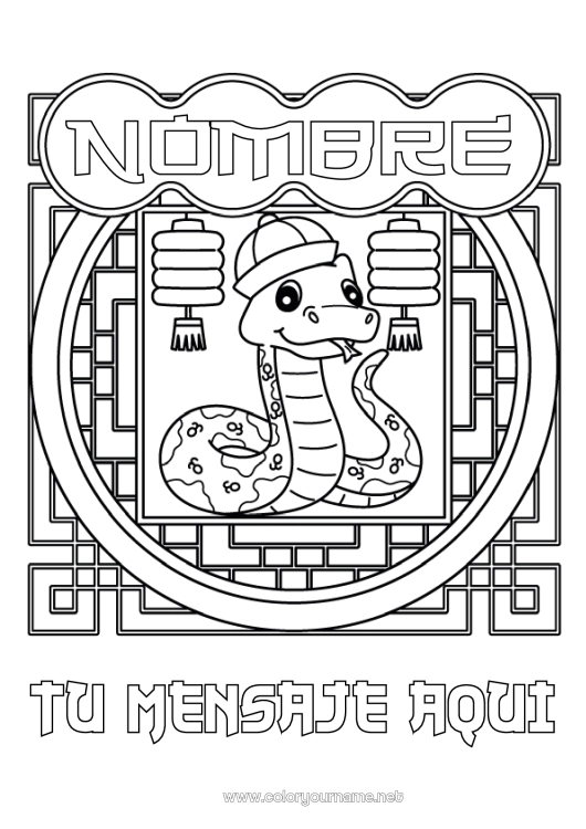 Dibujo para colorear para imprimir Animales Año Nuevo chino Linterna china Serpiente China Reptiles 2025