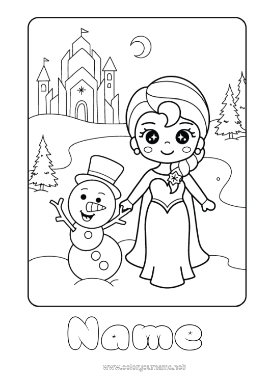 Coloring page to print Winter Snowman Princess Animated cartoon Famous princess