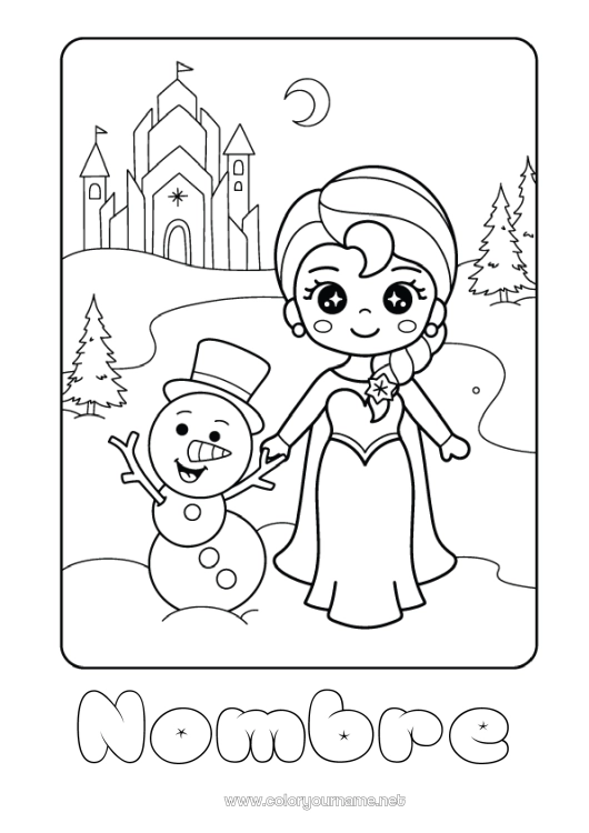 Dibujo para colorear para imprimir Invierno Muñeco de nieve Princesa Dibujo animado Princesa famosa