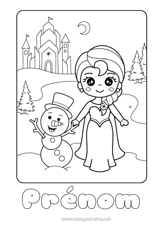 Coloriage à imprimer Hiver Bonhomme de neige Princesse Dessin animé Princesse célèbre