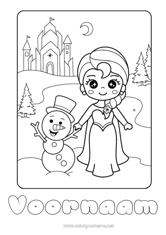 Kleurplaat om af te drukken Winter Sneeuwpop Prinses Cartoon Beroemde Prinses