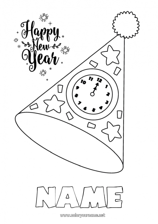 Coloring page to print Party Happy new year Hat Clock