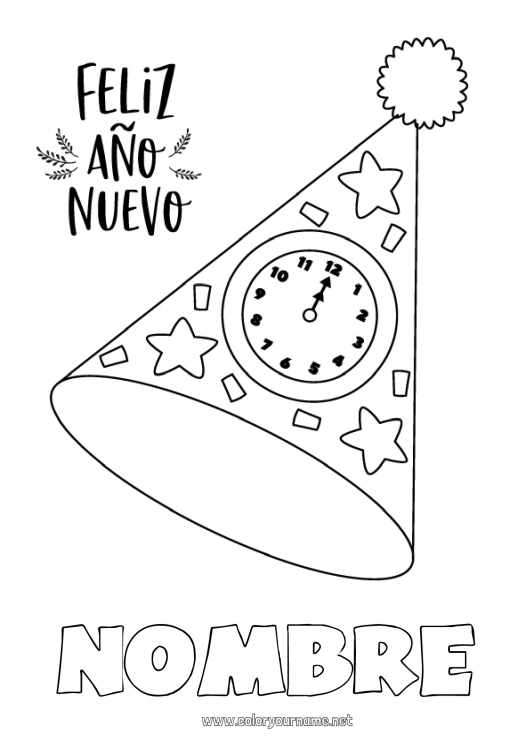 Dibujo para colorear para imprimir Fiesta Feliz año Sombrero Reloj