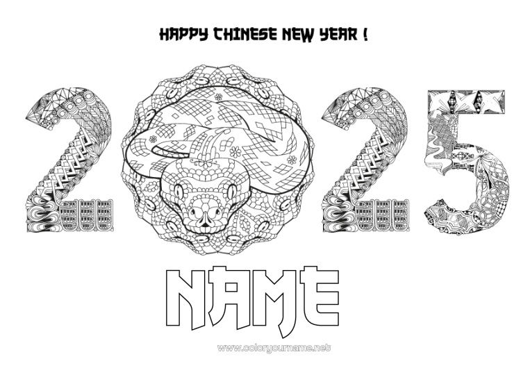 Coloring page to print Mandala Happy new year Chinese New Year Snake Reptiles 2025