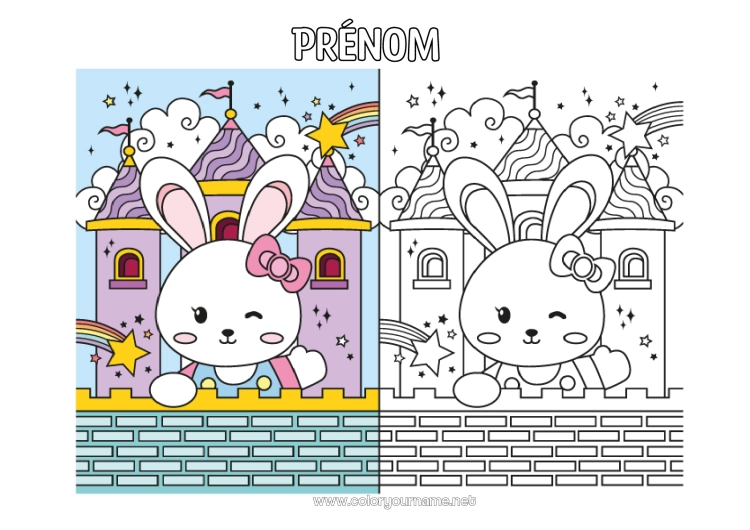 Coloriage à imprimer Château Kawaii Lapin Arc en ciel Animaux de la forêt Coloriage avec modèle