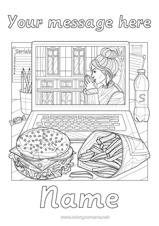 Coloring page to print Girl Sister Drinks Soda Complex coloring pages Hamburger Fries Computer