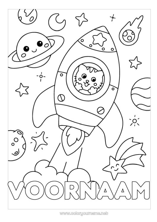 Kleurplaat om af te drukken Kat Raket Voertuigen Dier Ruimte Planeten en zonnestelsel Maan Honden en katten Astronomie Luchtvaartuigen