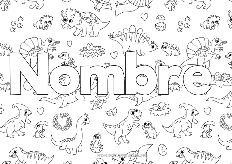 Dibujo para colorear para imprimir Dinosaurios Animales Nombre decorado Diplodocus Triceratops Fondo decorativo