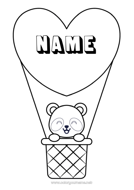 Coloring page to print Heart Kawaii Vehicles Animal Panda Hot air balloon Other animals of the world Aerial vehicles