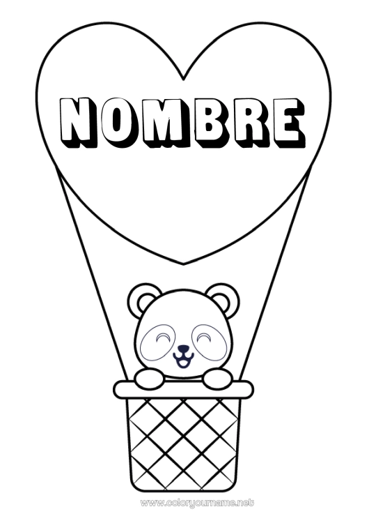 Dibujo para colorear para imprimir Corazón Kawaii Vehículos Animales Panda Globo aerostático Otros animales del mundo Vehículos aéreos