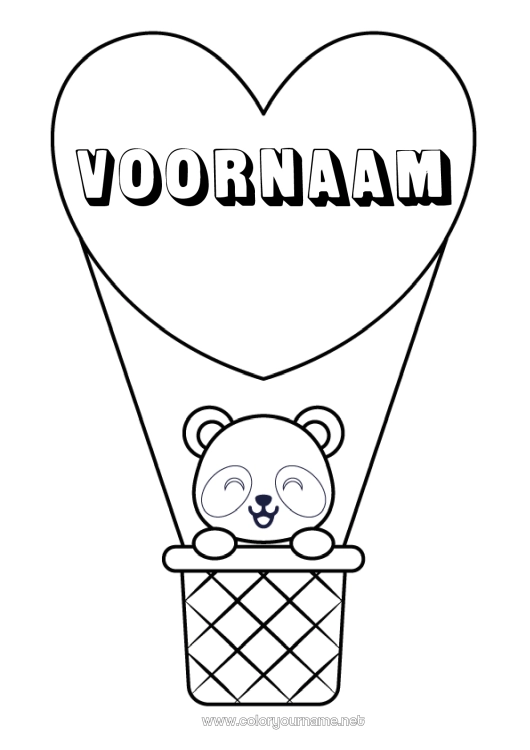 Kleurplaat om af te drukken Hart Kawaii Voertuigen Dier Panda Luchtballon Andere dieren van de wereld Luchtvaartuigen