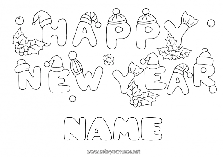 Coloring page to print Happy new year Holly 