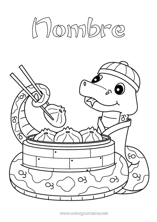 Dibujo para colorear para imprimir Animales Año Nuevo chino Serpiente Reptiles Dim Sum