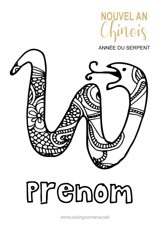 Coloriage à imprimer Mandala Bonne année Animal Nouvel An chinois Serpent Zentangle Reptiles 2025