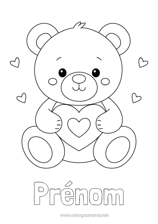 Coloriage à imprimer Ours Mignon Coeur Je t'aime Ourson Saint valentin Animaux de la forêt Jeux et jouets Peluche