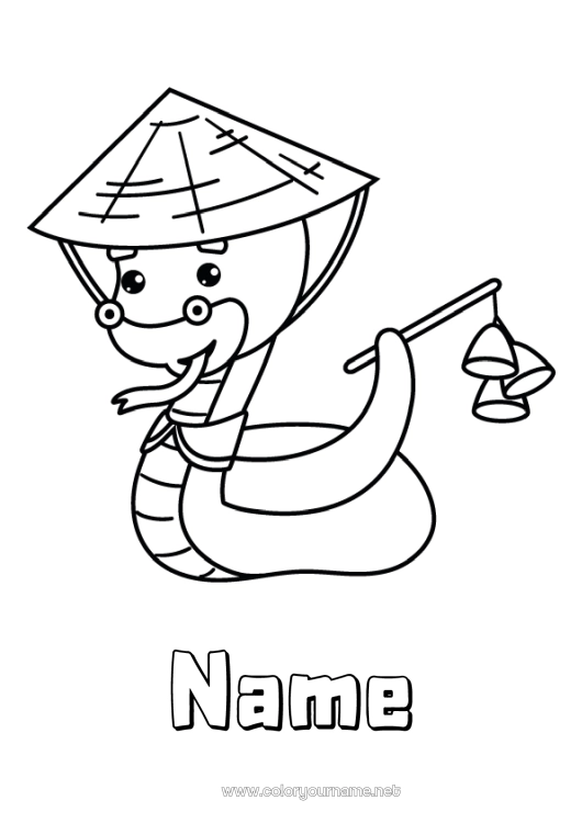 Coloring page to print Animal Chinese New Year Snake Hat Reptiles