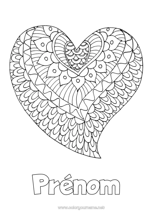 Coloriage à imprimer Coeur Mandala Bonne fête Je t'aime Saint valentin Grand coeur