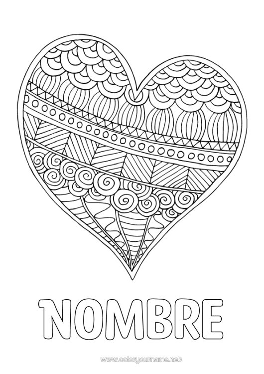 Dibujo para colorear para imprimir Corazón Mandala Feliz día de fiesta Te amo Día de San Valentín Gran corazón