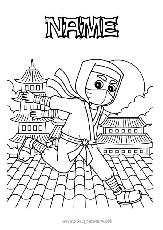 Coloring page to print Hero Japan China Ninjas Pagoda