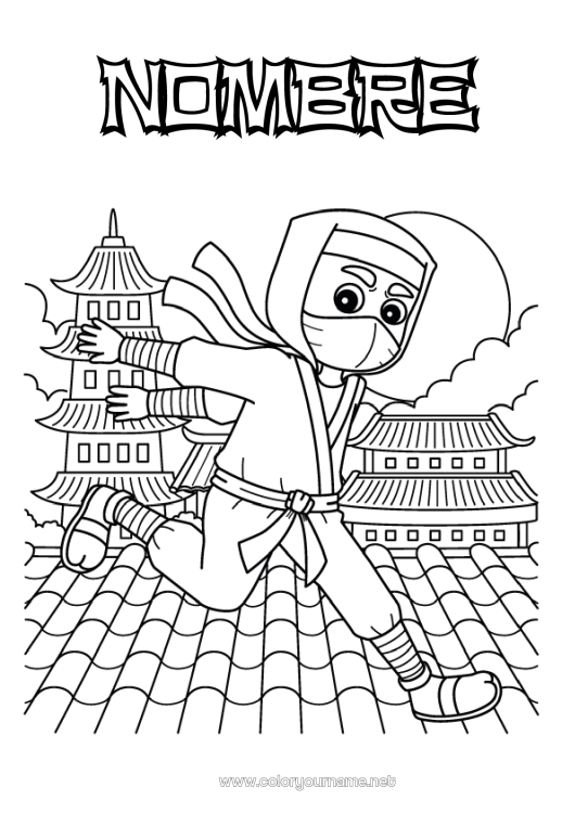 Dibujo para colorear para imprimir Héroe Japón China Ninjas Pagoda