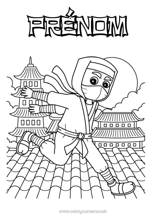 Coloriage à imprimer Héros Japon Chine Ninja Pagode