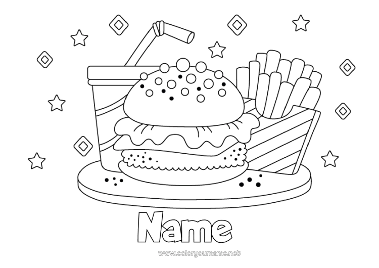 Coloring page to print Drinks Soda Hamburger Fries