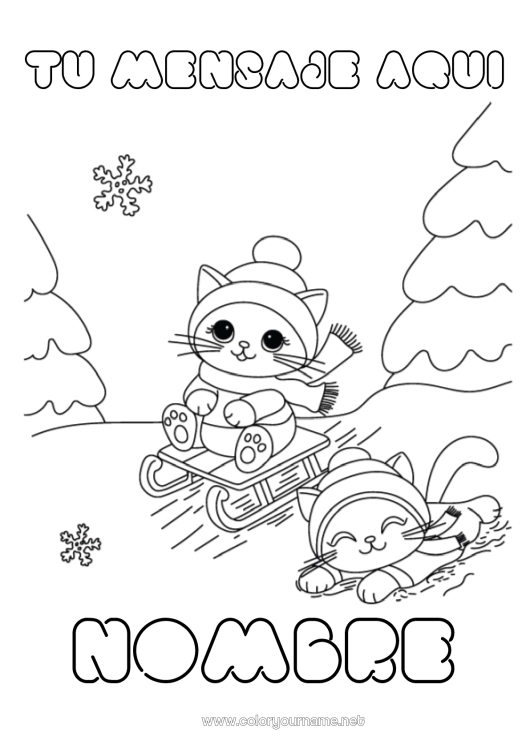 Dibujo para colorear para imprimir Sport Cat Nieve Invierno Kawaii Trineo Animales Perros y gatos Deportes de Invierno Gorro de Invierno