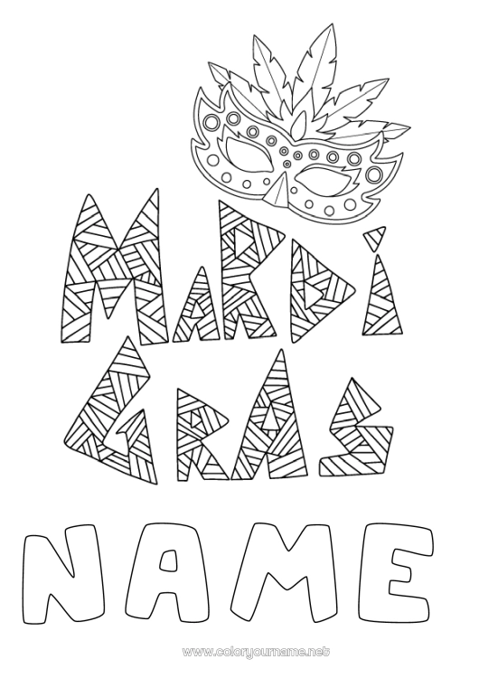 Coloring page to print Mask Carnival Shrove Tuesday