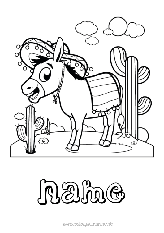 Coloring page to print Animal Cactus Mexico Farm animals Sombrero Donkey