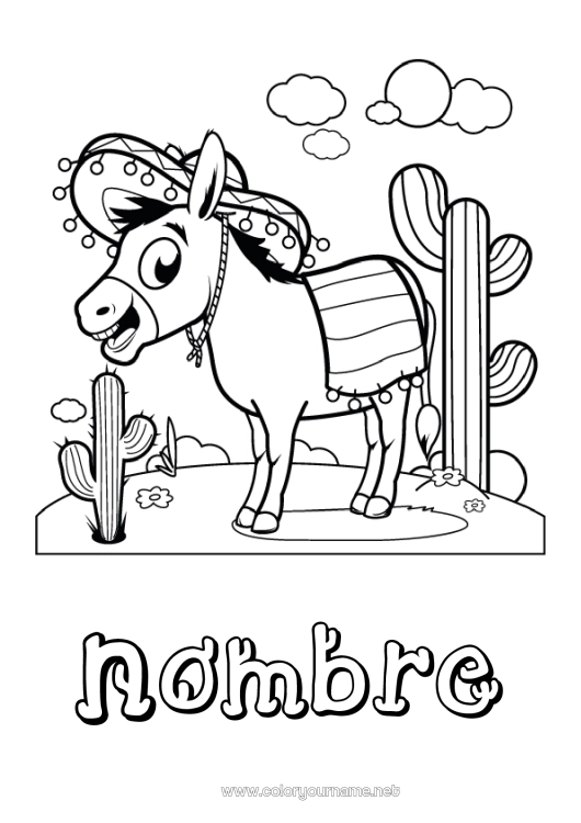 Dibujo para colorear para imprimir Animales Cactus México Animales de granja Sombrero Burro