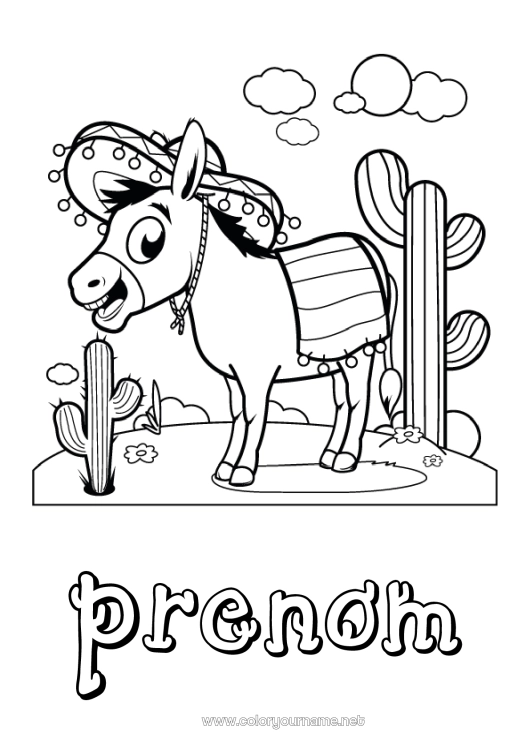 Coloriage à imprimer Animal Cactus Mexique Animaux de la ferme Sombrero âne