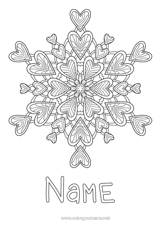 Coloring page to print Heart Mandala I love you Snowflakes