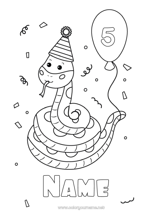 Coloring page to print Birthday Balloons Party Animal Snake Customizable age Reptiles