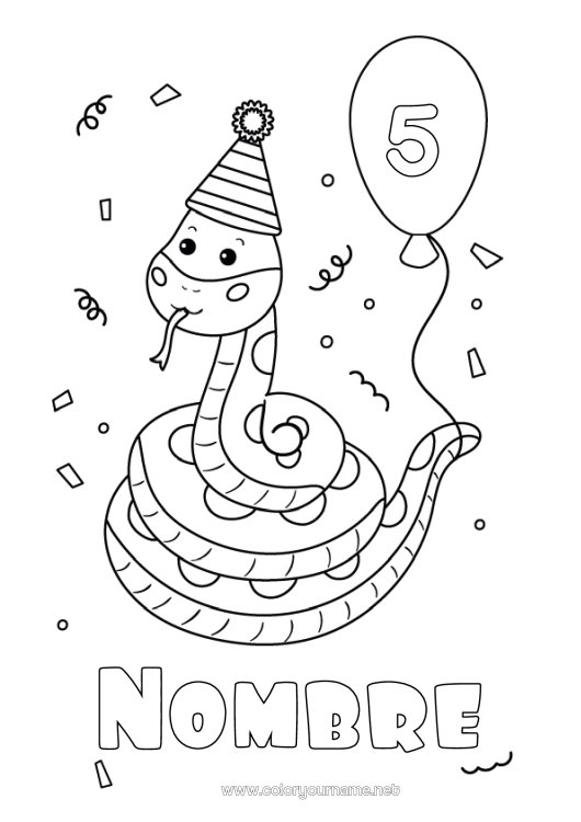 Dibujo para colorear para imprimir Cumpleaños Globos Fiesta Animales Serpiente Edad personalizable Reptiles