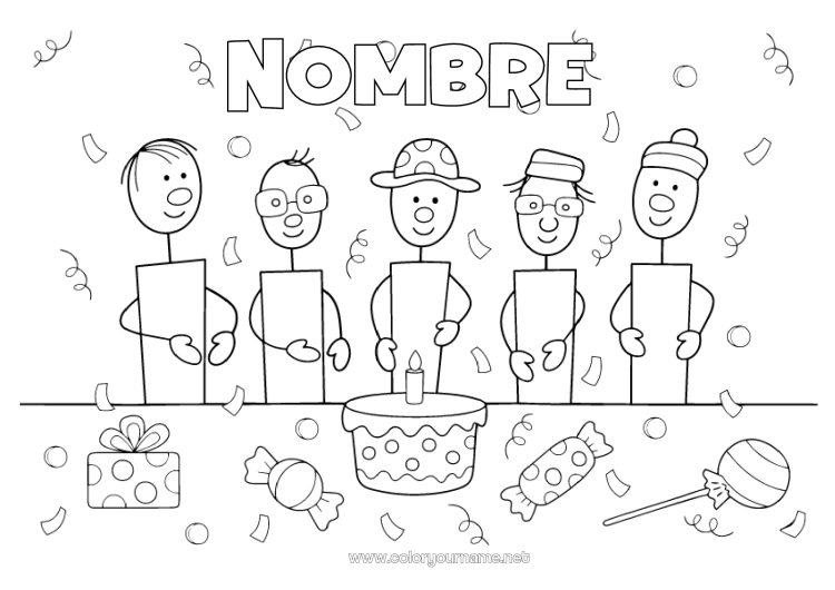 Dibujo para colorear para imprimir Caramelos Tarta Regalos Cumpleaños Fiesta