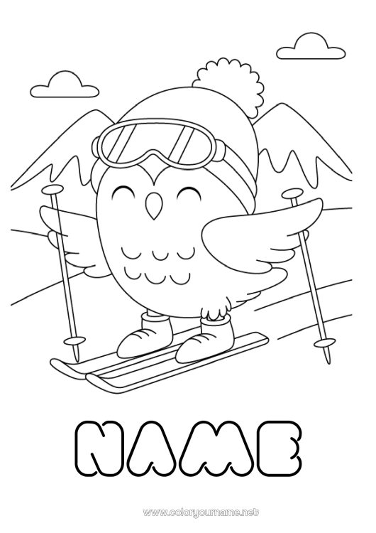 Coloring page to print Sport Snow Bird Owl Animal Flying birds and mammals Ski Winter Sports Mountain