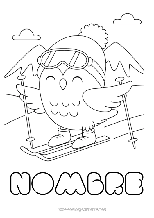 Dibujo para colorear para imprimir Sport Nieve Pájaro Búho Animales Aves y mamíferos voladores Esquí Deportes de Invierno Montaña